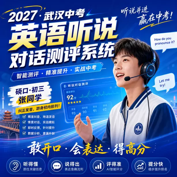 武汉中考听说机考模拟系统自动纠音功能硚口&middot;初三张同学（纠正发音，跻身校内前列）